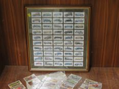 A framed set of cigarette cards together with some loose larger cards