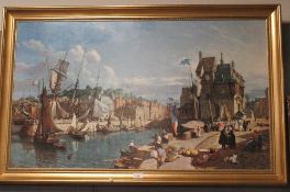A large gilt framed print of an antique Dutch harbour scene
