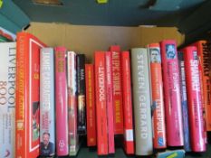 Three boxes of football books to include a box of Liverpool FC and some football programmes