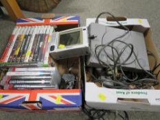 A vintage PlayStation together with PS3 games, xbox 360 games and a miniature portable television