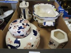 A tray of unfinished Masons Mandalay ceramics to include a ginger jar