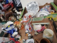 Three trays of assorted ceramics etc to include a 1887 octangular jubilee plate, Japanese teapot,