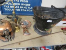 A tray of assorted metal ware etc to include a novelty cooper reproduction roman helmet, barge