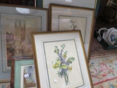 A collection of pictures and prints to include a coloured engraving of Canterbury Cathedral