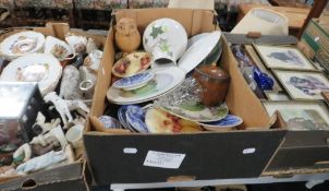 Three trays to include plates, framed prints coronation china tea ware, Aynsley etc