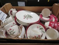 A tray of assorted tea/dinner ware to include Wedgwood Mayfield