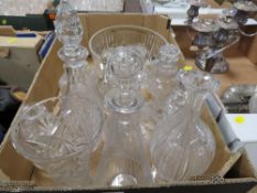 A tray of assorted decanters and cut glass etc