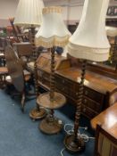 Two vintage oak barley twist standard lamps together with a bobbin twist example (3)