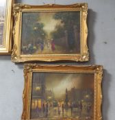 A pair of gilt framed oil on canvas Edwardian street scenes