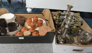 A tray of assorted ceramics together with two trays of metal ware