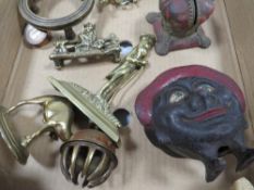 A tray of collectable metalware to include a vintage Save and Smile money box