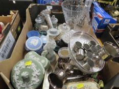 A tray of assorted glass, metal ware to include Wedgewood jasper ware