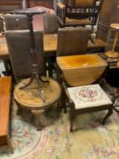 An oak barley twist dropleaf table, mahogany piano stool, oak table and a plant stand (4)