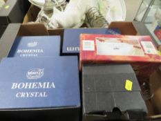 A tray of boxed Bohemia crystal etc