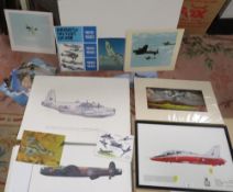 A collection of pictures and prints etc, mainly military to include a framed and glazed Hawk T.1