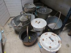 A large selection of galvanised buckets and enamel bread bins together with a copper coal scuttle