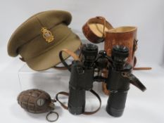 A tray of militaria to include a Royal Ordnance Corps officers hat, a German Lieberman & Cortz field