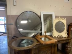 Six assorted modern mirrors to include a metal circular example together with a metal hat stand