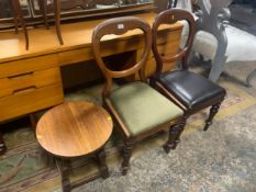 Two Victorian mahogany dining chairs together with a small oak occasional table and three prints