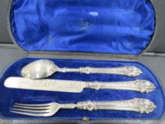 A cased hallmarked silver Birmingham assay early Victorian three piece christening set by Hilliard &