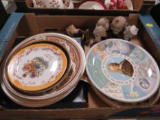 A tray of sundries to include Capodimonte figures, Wedgwood and Coalport collectors plates