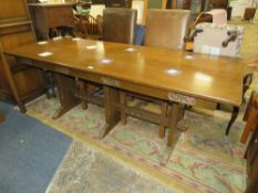 A long oak carved refectory table - L 198 cm, together with four chairs