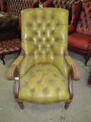 A green leather library chair A/F