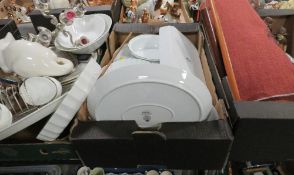 Three trays of ceramics and sundries to include Royal Worcester, candelabra etc