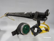 A Nemrod Spanish diving knife in sheath together with two wrist worn diving instruments to include a