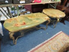 Two retro green onyx topped coffee tables with ornate brass bases (2)