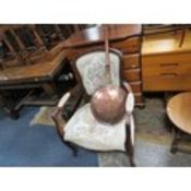A Louis XV style tapestry arm chair together with a vintage warming pan