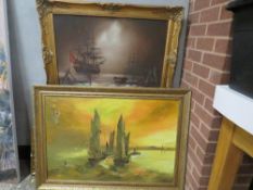 A gilt framed oil on canvas of battleships in harbour together with a damaged example (2)
