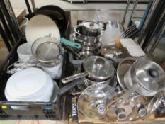 Three trays of kitchenalia to include stainless steel pans, knife block etc