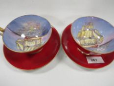 Two Aynsley cups and saucers, decorated internally with tall sail ships
