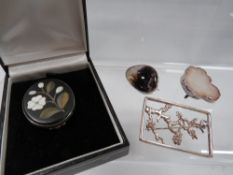 A collection of silver and other jewellery to include a Blue John set brooch, Pietra Dura brooch etc