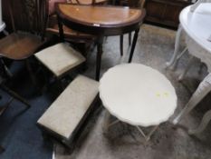 A mahogany console table together with two oak stools and a white painted occasional table (4)