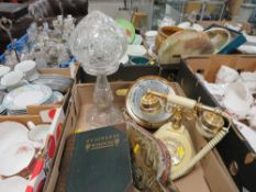 A tray of collectables to include a glass lamp