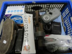 A tray of vintage cameras, vintage style telephone, wi-fi adapters, binoculars and playboy hair