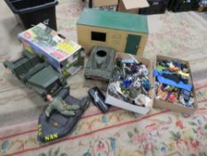 A selection of vintage Action man items to include Action Man, vehicles home made hut, a large