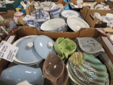 A tray of blue/white dinner ware together with a tray of old Foley and Wedgwood