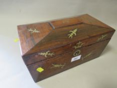 A wooden brass inlaid three sectioned tea caddy A/F