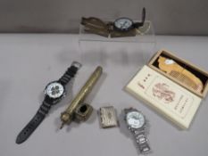 A small box of collectables to include watches, compass, vesta etc