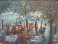 A gilt framed oil painting depicting a Parisian cafe / street scene