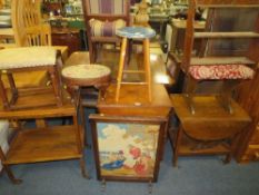 A collection of assorted furniture to include three trolleys stool, fire screen, etc. (9)