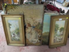 A collection of assorted pictures and prints to include a needle work etc