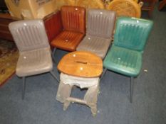 A collection of four assorted leather dining chairs together with a wooden stool and armchair