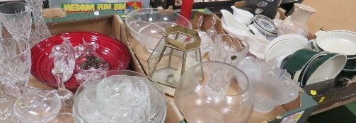 Three trays of assorted ceramics and glass with a box of Gourmet Pride cutlery