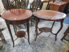 A carved mahogany two tier occasional table together with a circular example. (2)
