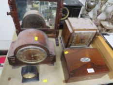 Two vintage mantle clocks, inlaid work box, dressing table mirror etc