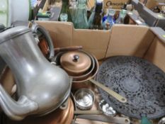 A tray of assorted metal ware to include a Coalbrookdale style pierced comport, copper pans etc